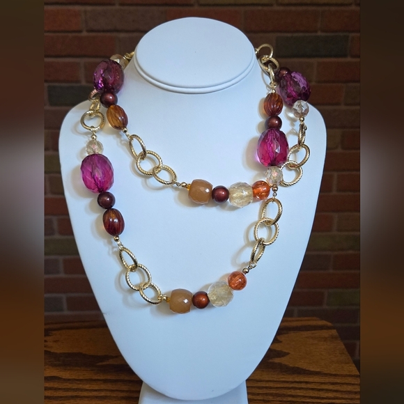 George Jewelry - Vintage George Gold Tone and Purple Brown Tan Color Beaded Necklace